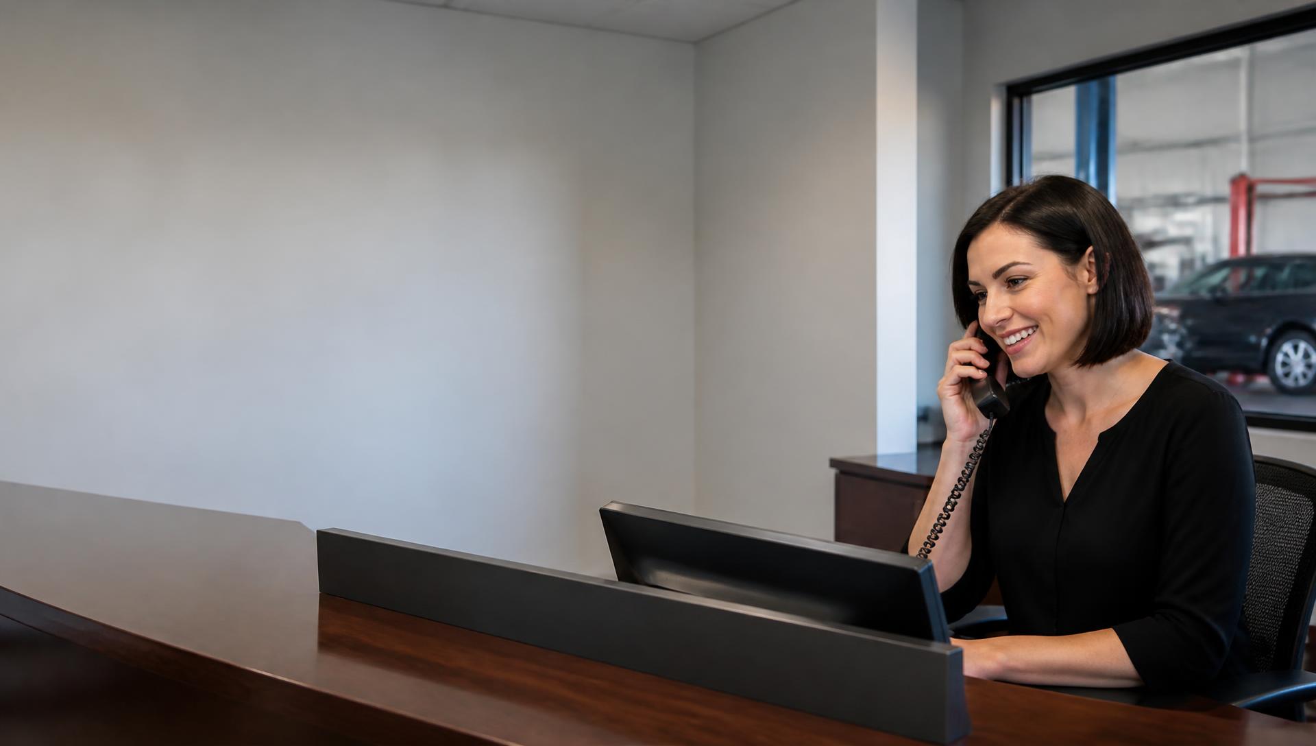 Friendly receptionist at a car workshop desk taking a call