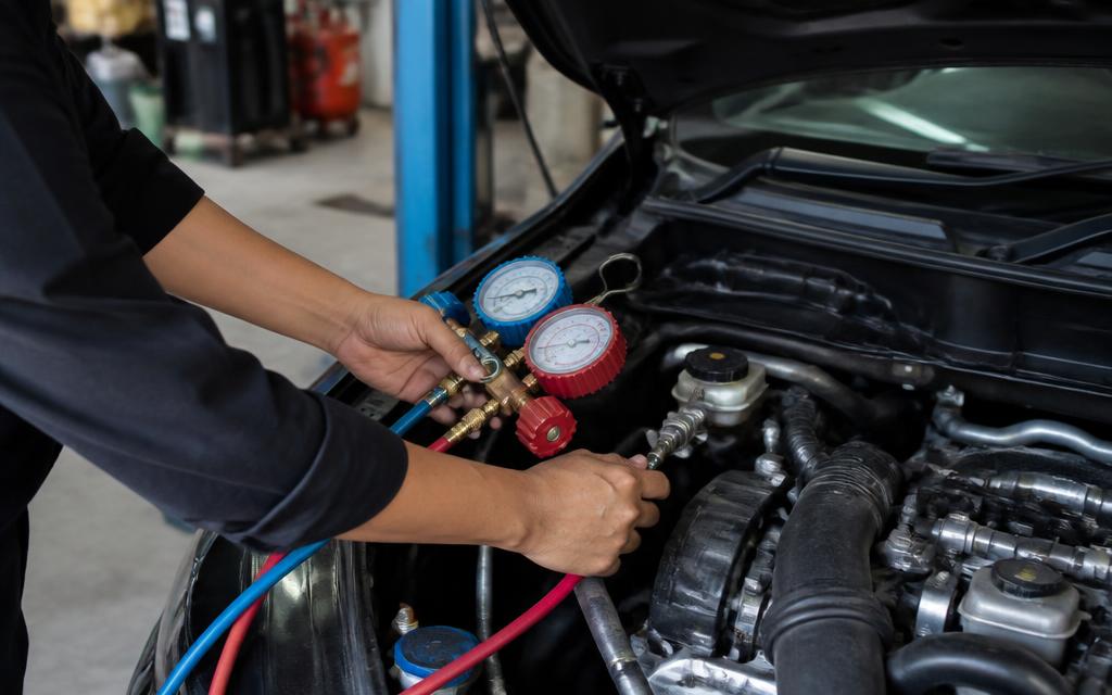Car air conditioning service hoses connected in an engine bay