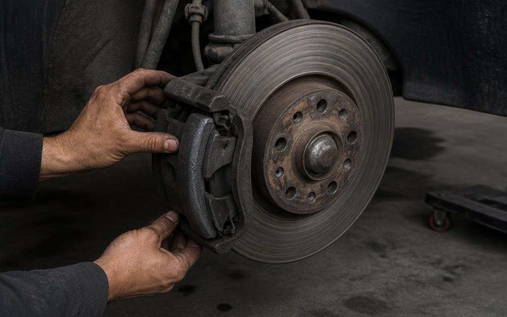 Brake disc and brake pads on a car with the wheel removed