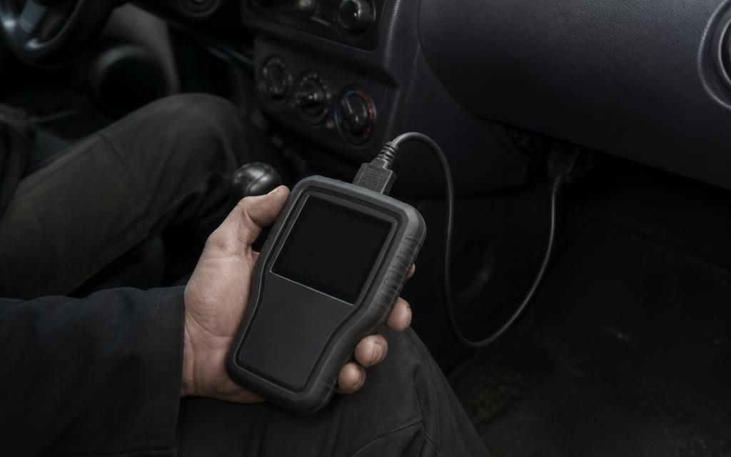 Handheld diagnostic scan tool plugged in under a car dashboard