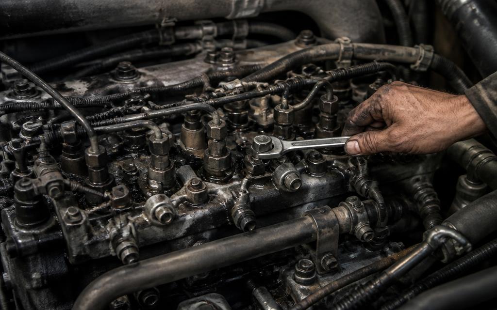 Diesel engine fuel injectors and injector lines being worked on with a spanner